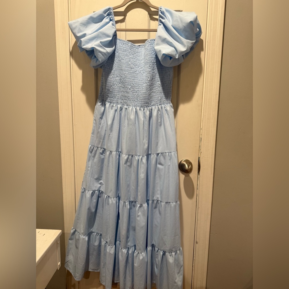Pretty Garden light blue maxi dress with puff sleeves